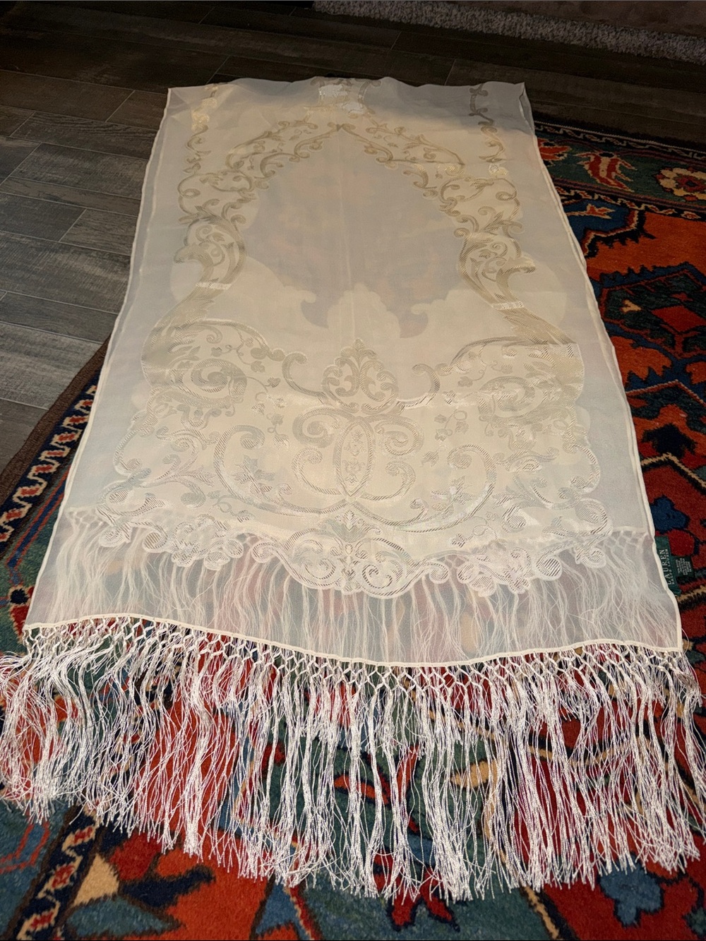 Vtg Ralph Lauren Ivory Silk Blend Embroidered Monogram Fringe Shawl Scarf Wrap